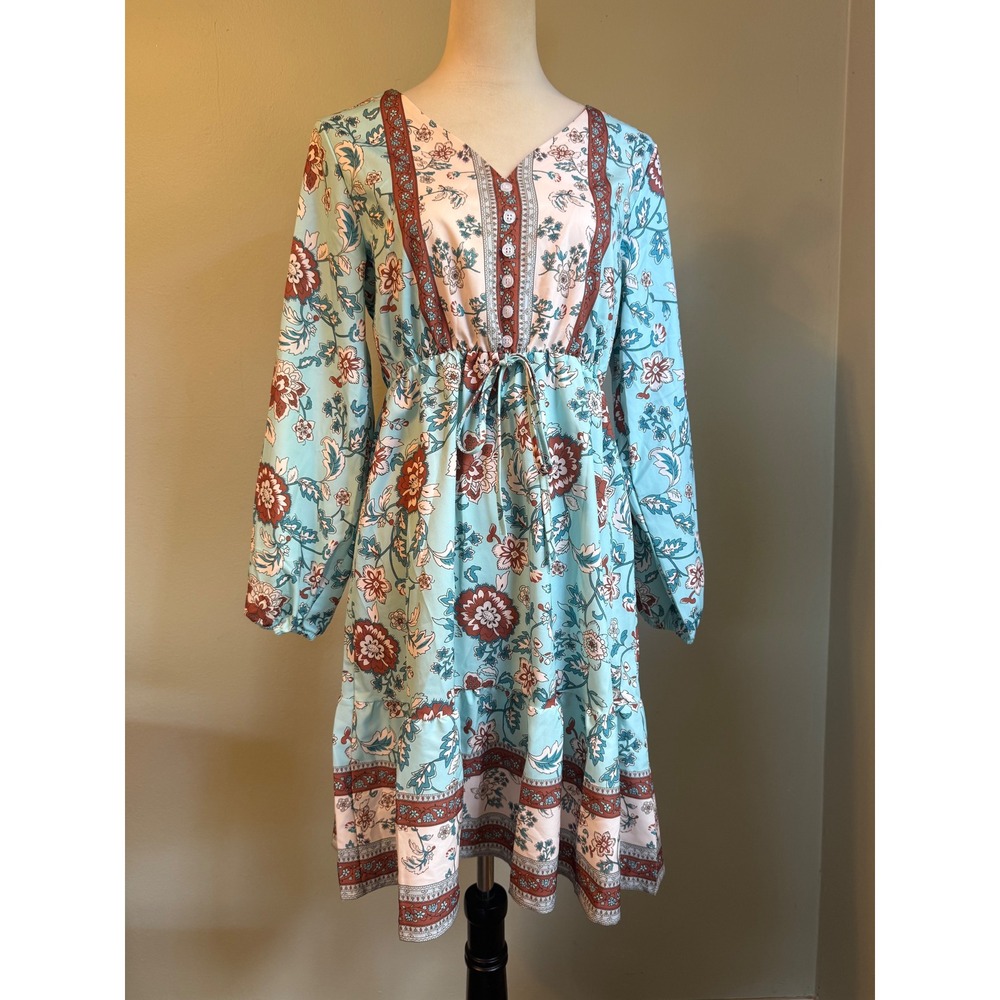 Floral Boho Long Sleeve Ruffle Dress Medium mini cottage festival fairy retro